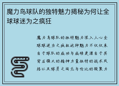 魔力鸟球队的独特魅力揭秘为何让全球球迷为之疯狂
